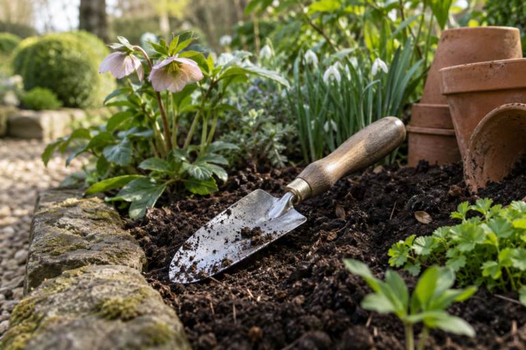 Garden trowel resting in rich compost beside terracotta pots in a spring border