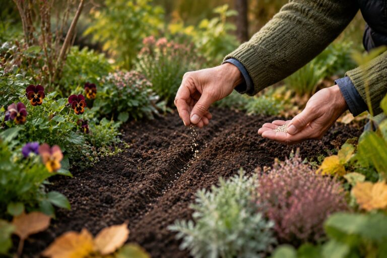 Sowing hardy annual seeds into prepared soil in autumn