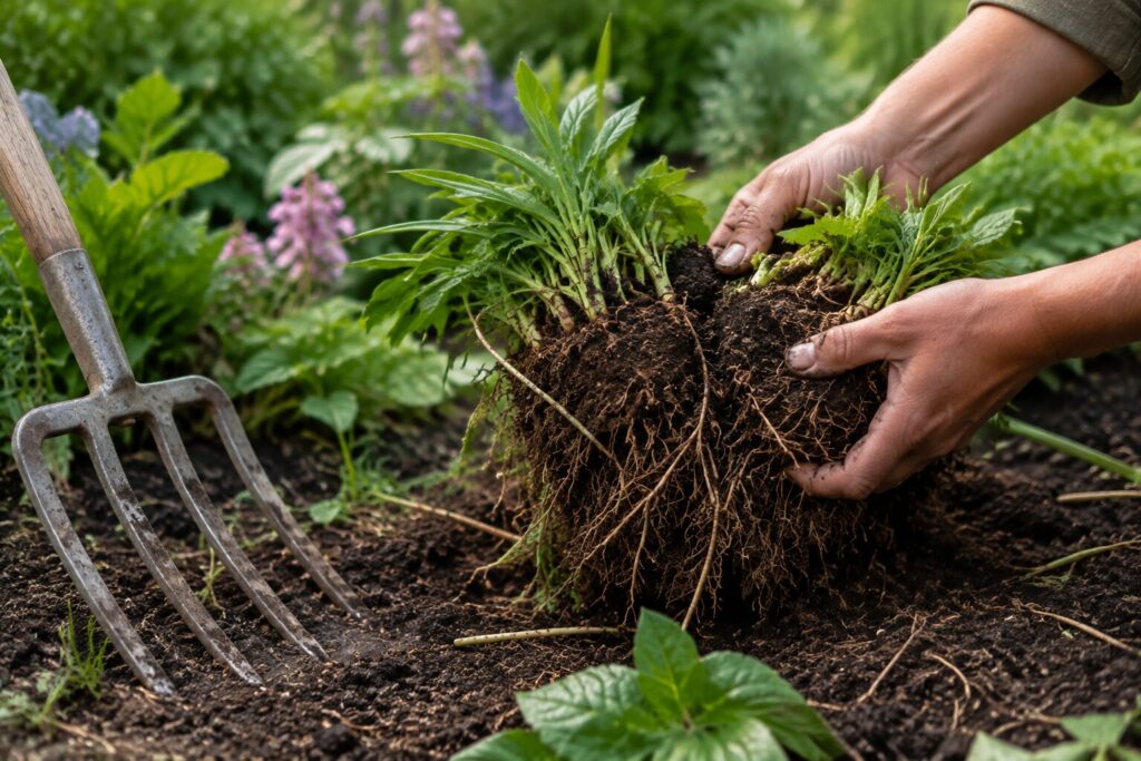 Dividing an established perennial with roots exposed in a garden border