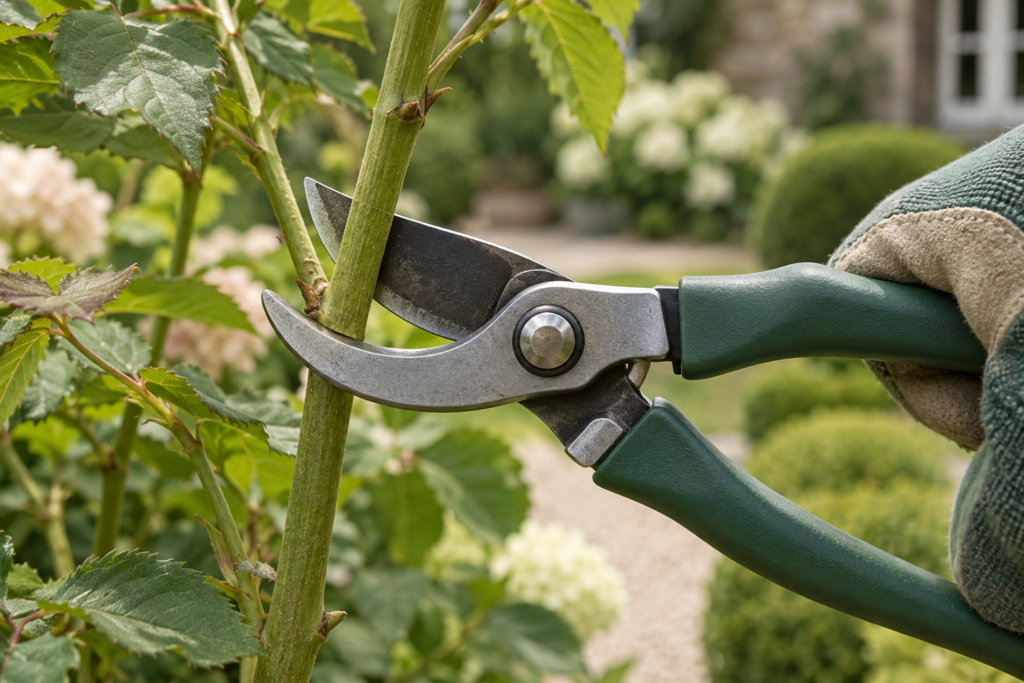 Open bypass secateurs positioned around a healthy garden stem for a clean pruning cut