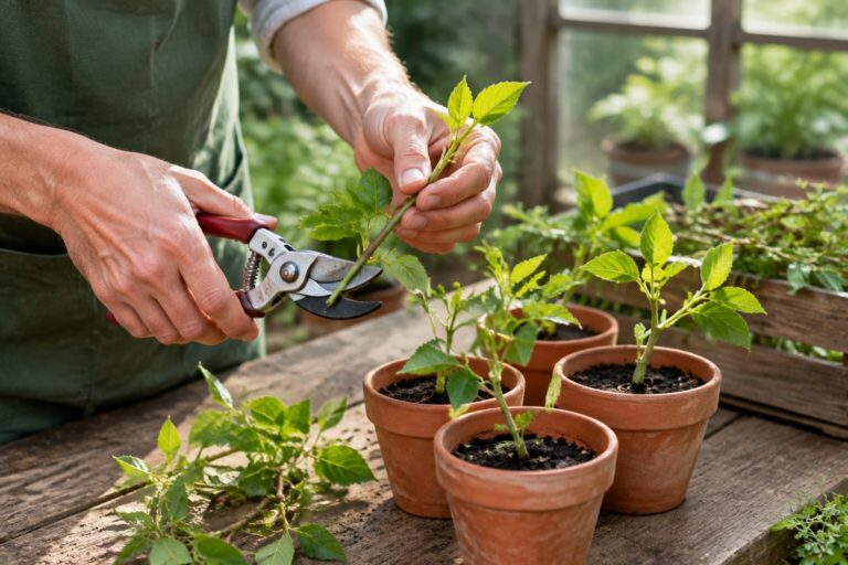 Taking softwood cuttings with secateurs at a greenhouse workbench