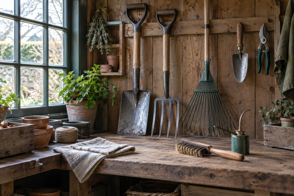 Clean garden tools arranged for dry winter storage in a timber garden shed