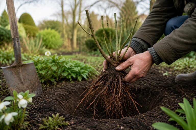 Planting a bare-root rose in a prepared garden hole