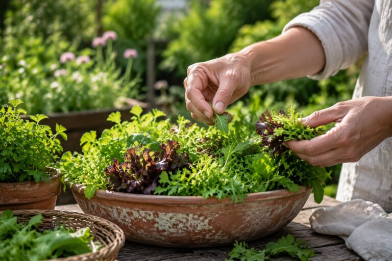 Harvesting mixed salad leaves from a terracotta container