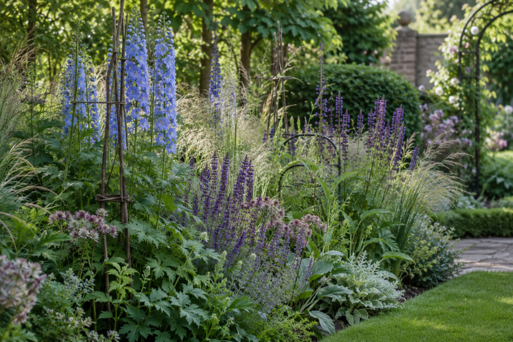 Tall flowering perennials supported discreetly with twiggy stakes and dark metal hoops