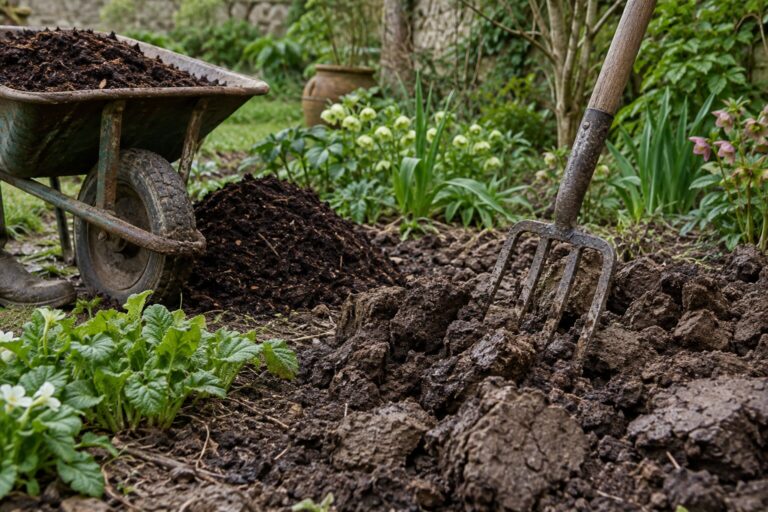 Improving heavy clay soil with a garden fork and mature compost