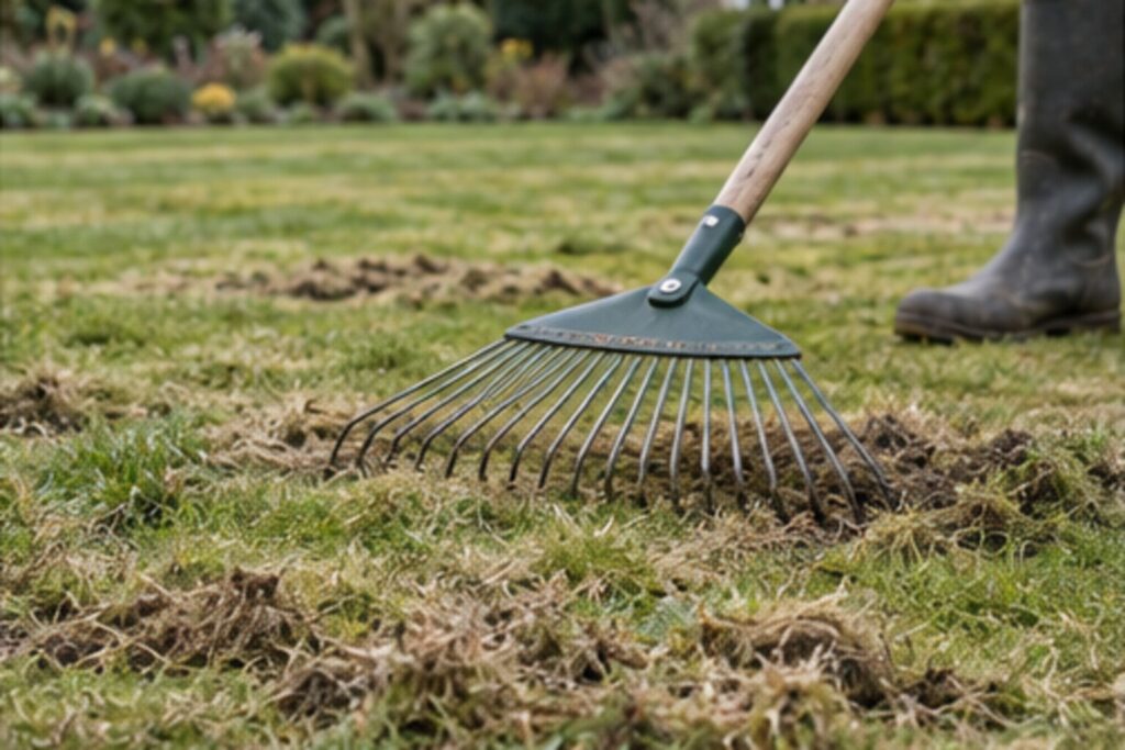 Renovating a worn lawn with a spring-tine rake