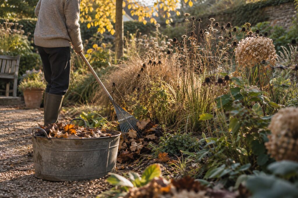 Selective autumn garden tidying around retained seedheads