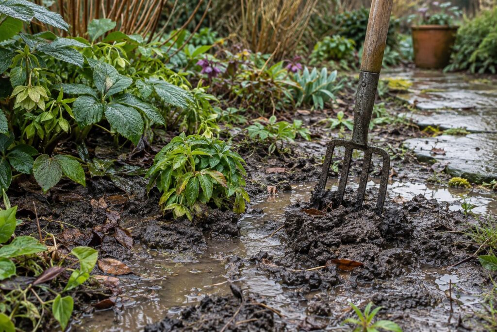 Waterlogged garden soil with standing water and a garden fork