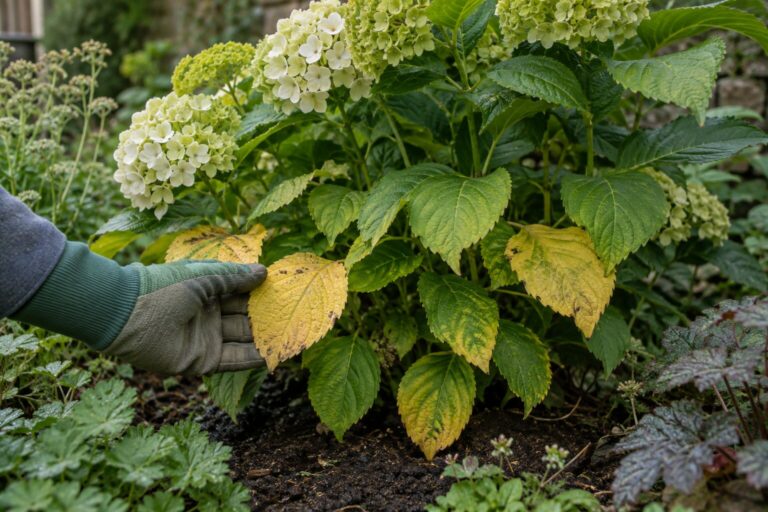 Naturally yellowing leaves on an established garden hydrangea