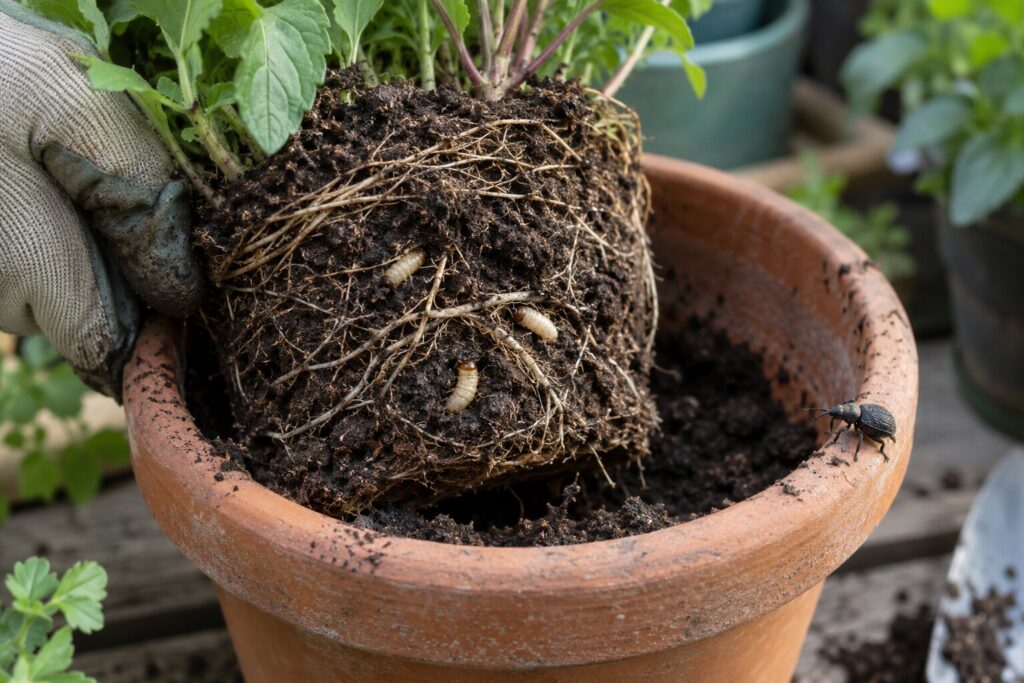 Vine weevil larvae exposed among the roots of a container plant