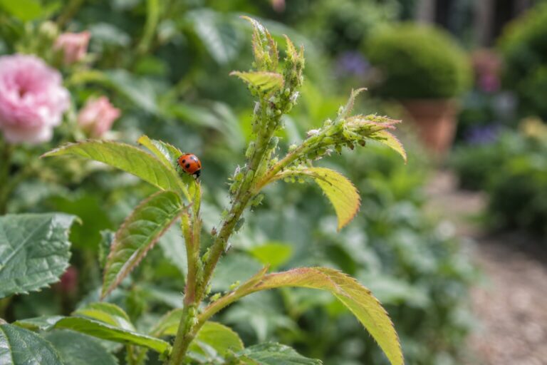 Green aphids on a tender garden shoot with a ladybird nearby