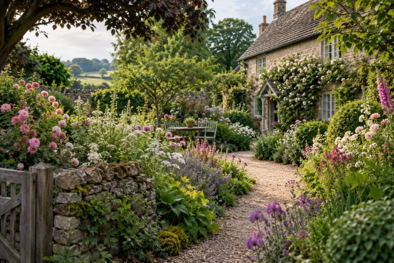 Romantic cottage garden with abundant layered flowering borders