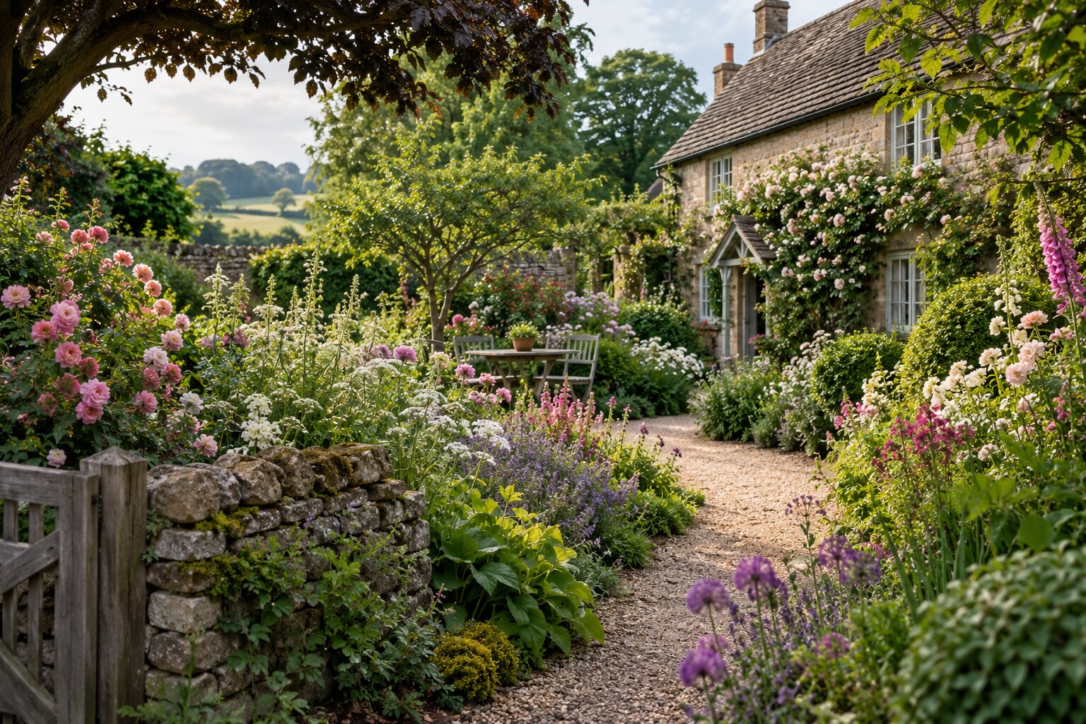 Romantic cottage garden with abundant layered flowering borders