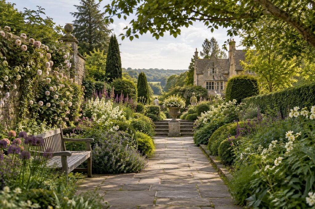 Refined British garden with layered planting, pathway and designed view