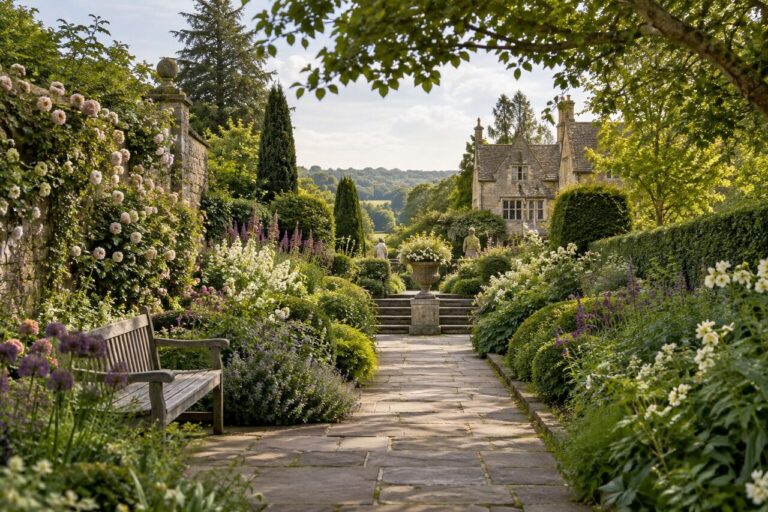 Refined British garden with layered planting, pathway and designed view