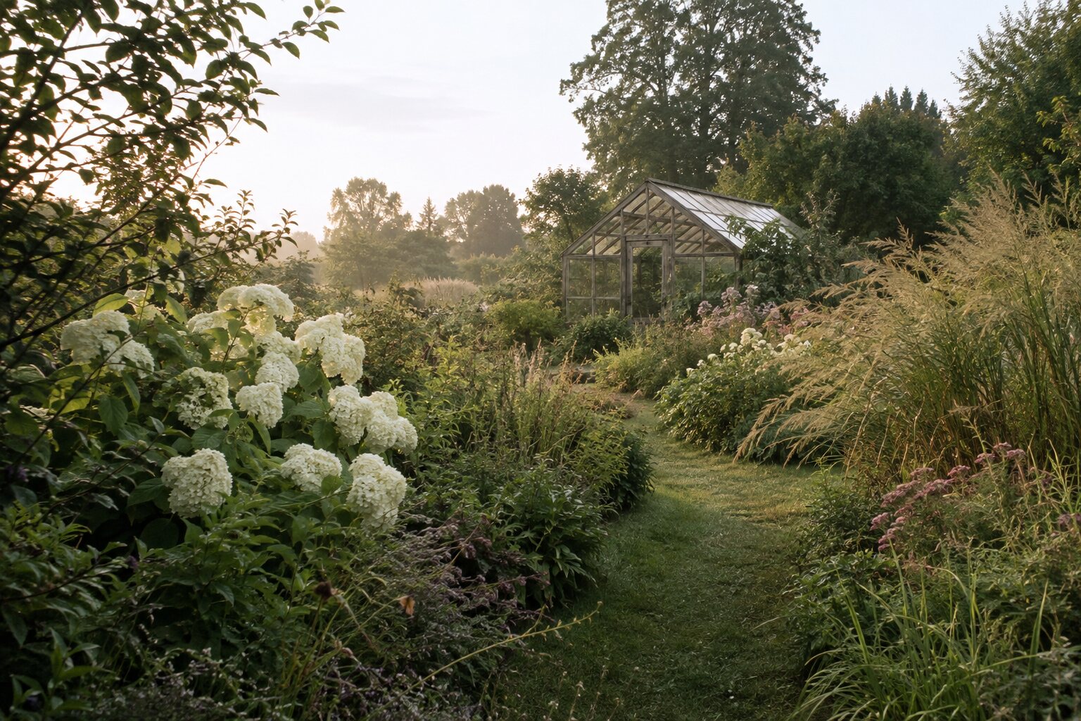 A traditional greenhouse surrounded by abundant planting