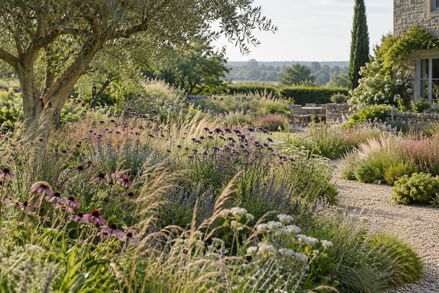 Naturalistic garden planting with airy perennials and ornamental grasses