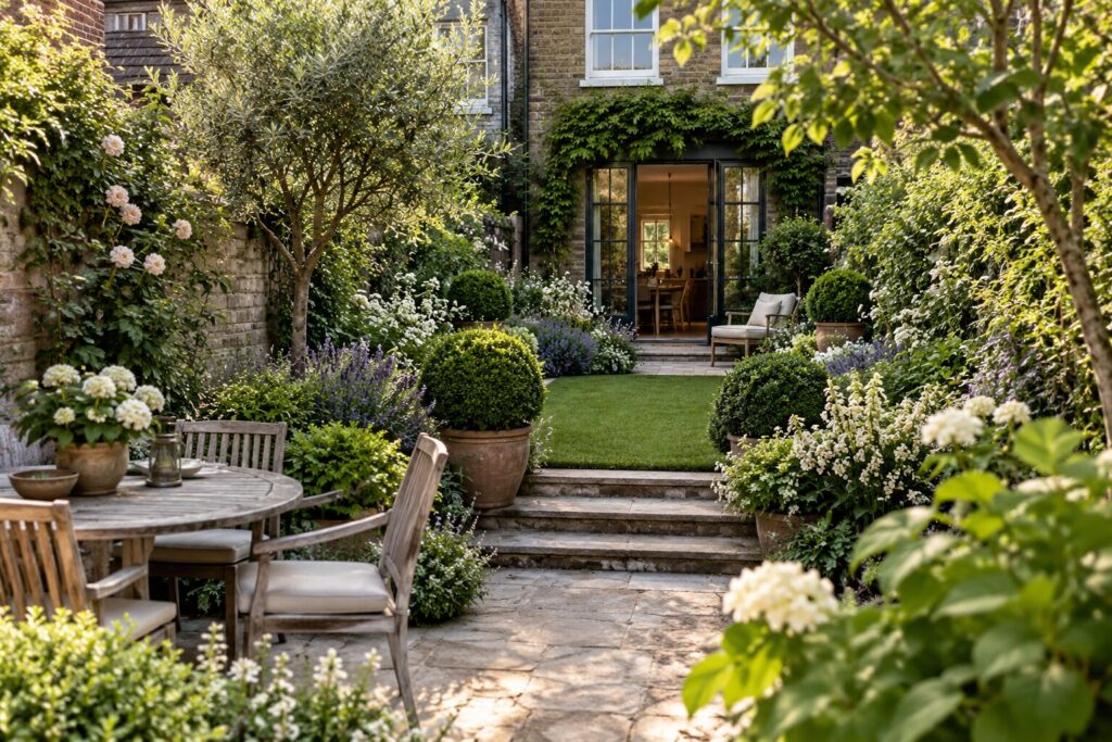 Beautifully designed small garden with layered planting and elegant structure